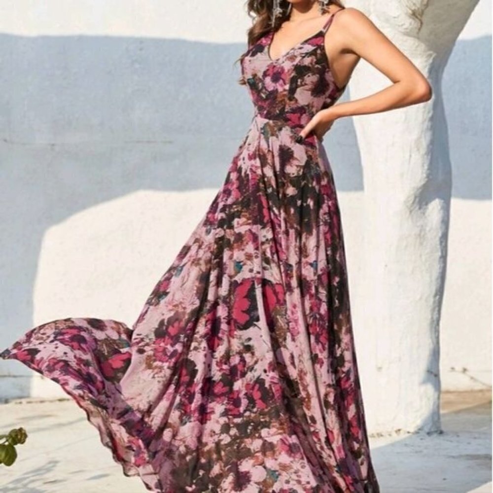 FLORAL ALL OVER PRINT BACKLESS BOHO HIGH FASHION GOWN